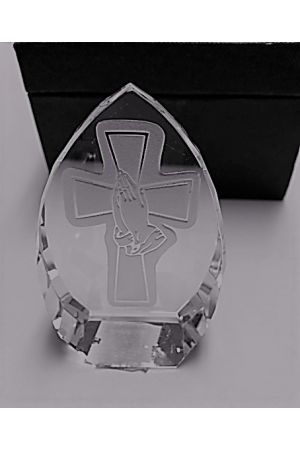 桃形水晶—十字架及禱告的手  peach shape crystal with cross and praying hands