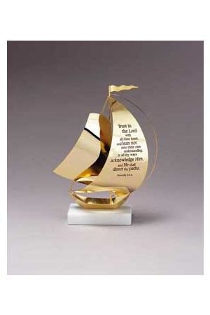 金色帆船經文座飾 (箴言3:5,6) Scripture 24KT Brass/Marble Sailboa